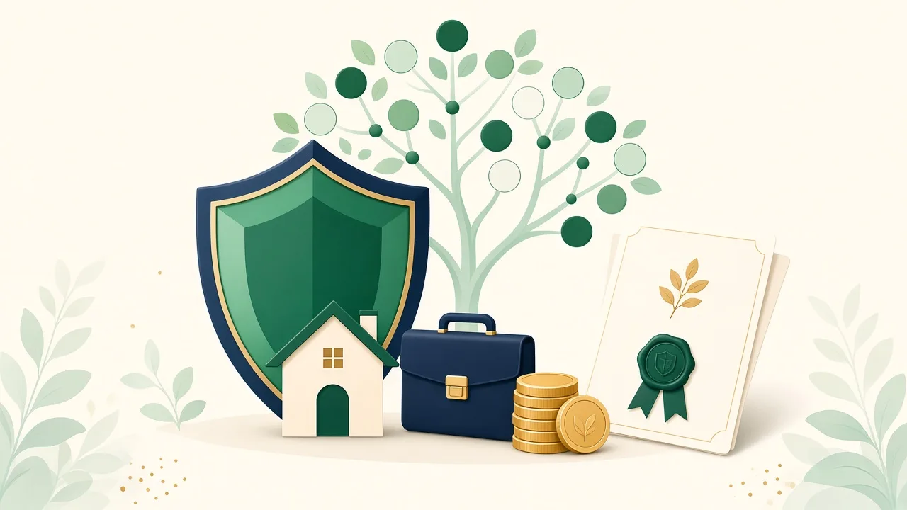 Illustration of a shield protecting a house, briefcase and coins in front of a family tree and sealed trust document, representing asset protection and estate planning