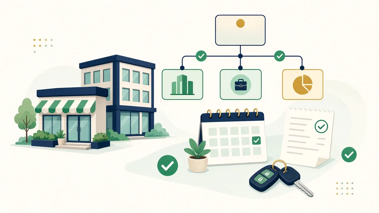 Illustration of a storefront, an entity org chart, a payroll calendar and a receipt, representing business owner tax optimization