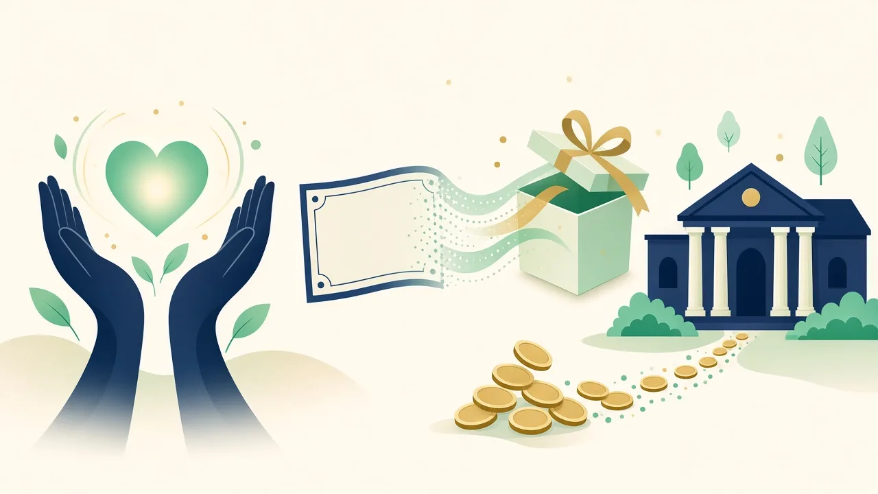 Illustration of open hands holding a heart, a stock certificate becoming a gift and coins flowing to a charity building, representing charitable giving strategies