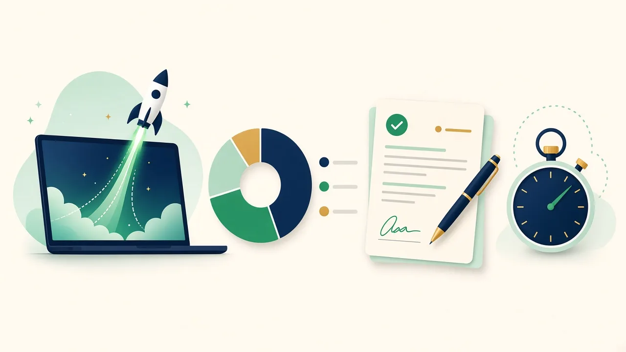 Illustration of a rocket launching from a laptop, a cap table chart, a signed term sheet and a stopwatch, representing startup founder tax planning