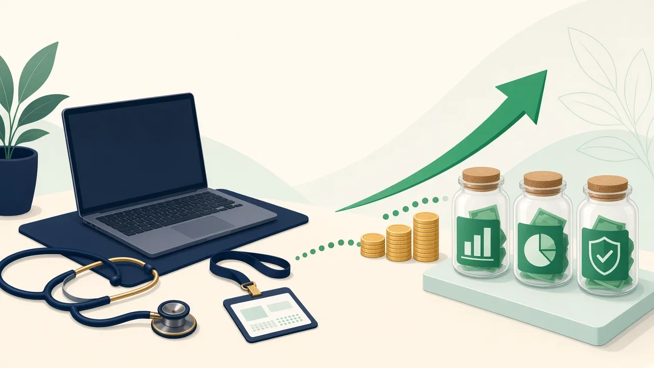 Illustration of a professional's workspace with savings jars and an upward arrow, representing high-income tax planning