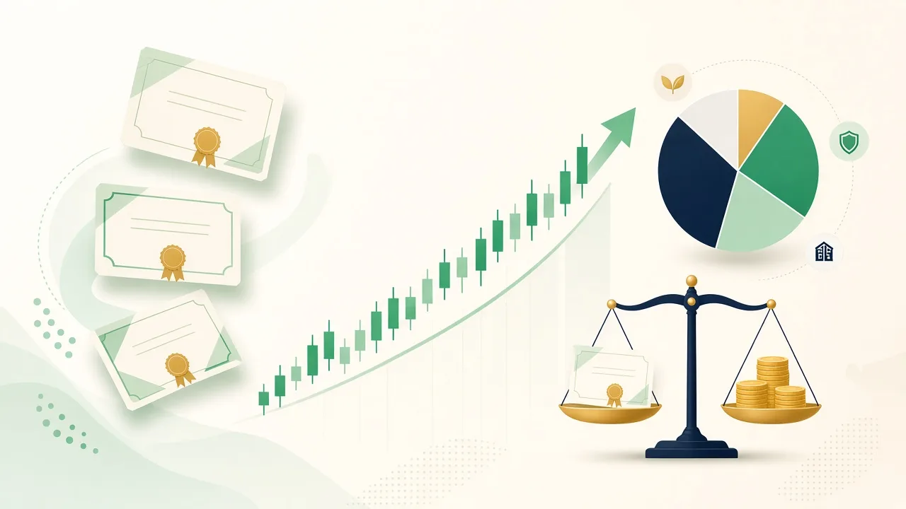 Illustration of stock certificates, a rising chart, a portfolio pie chart and a balance scale, representing equity compensation and investment taxes