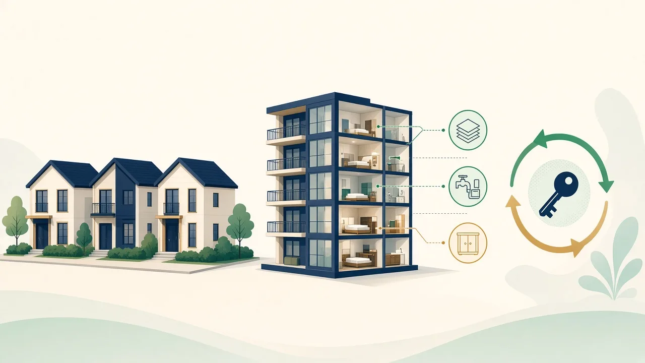 Illustration of rental homes and an apartment building in cutaway with highlighted components, representing cost segregation and real estate tax strategy