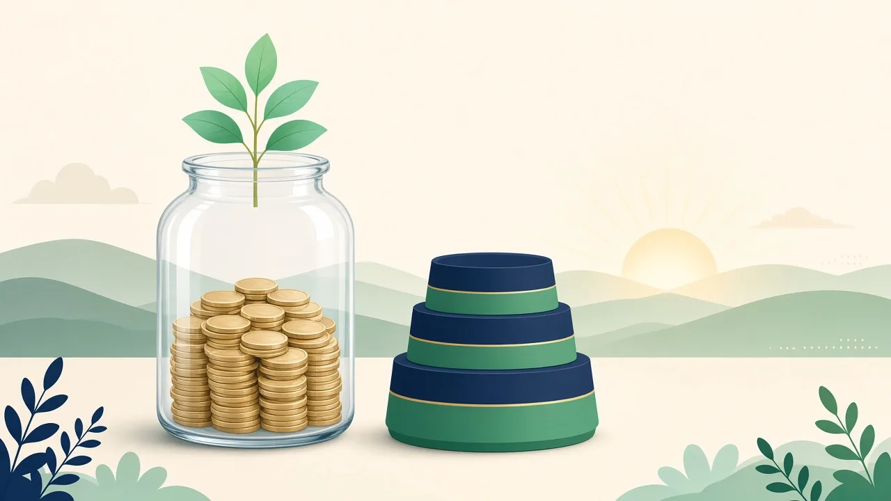 Illustration of a coin jar with a growing sapling and stacked savings tiers at sunrise, representing retirement plan design